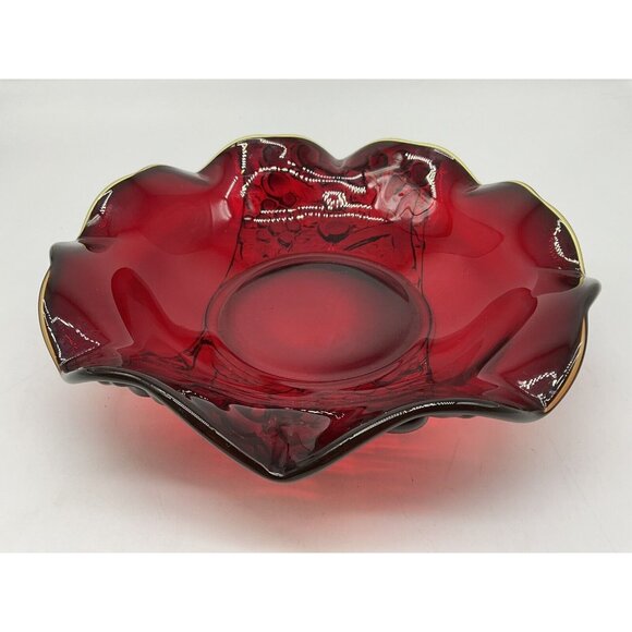 LG Wright Ruby Red Crimped Round Fruit Bowl Embossed Vintage 1960's to 70's Glow - Picture 6 of 16